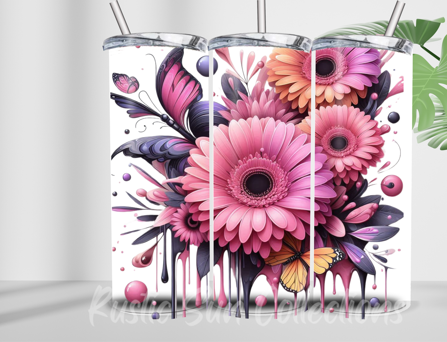 Pink Orange flowers and Butterflies 20oz double wall Tumbler