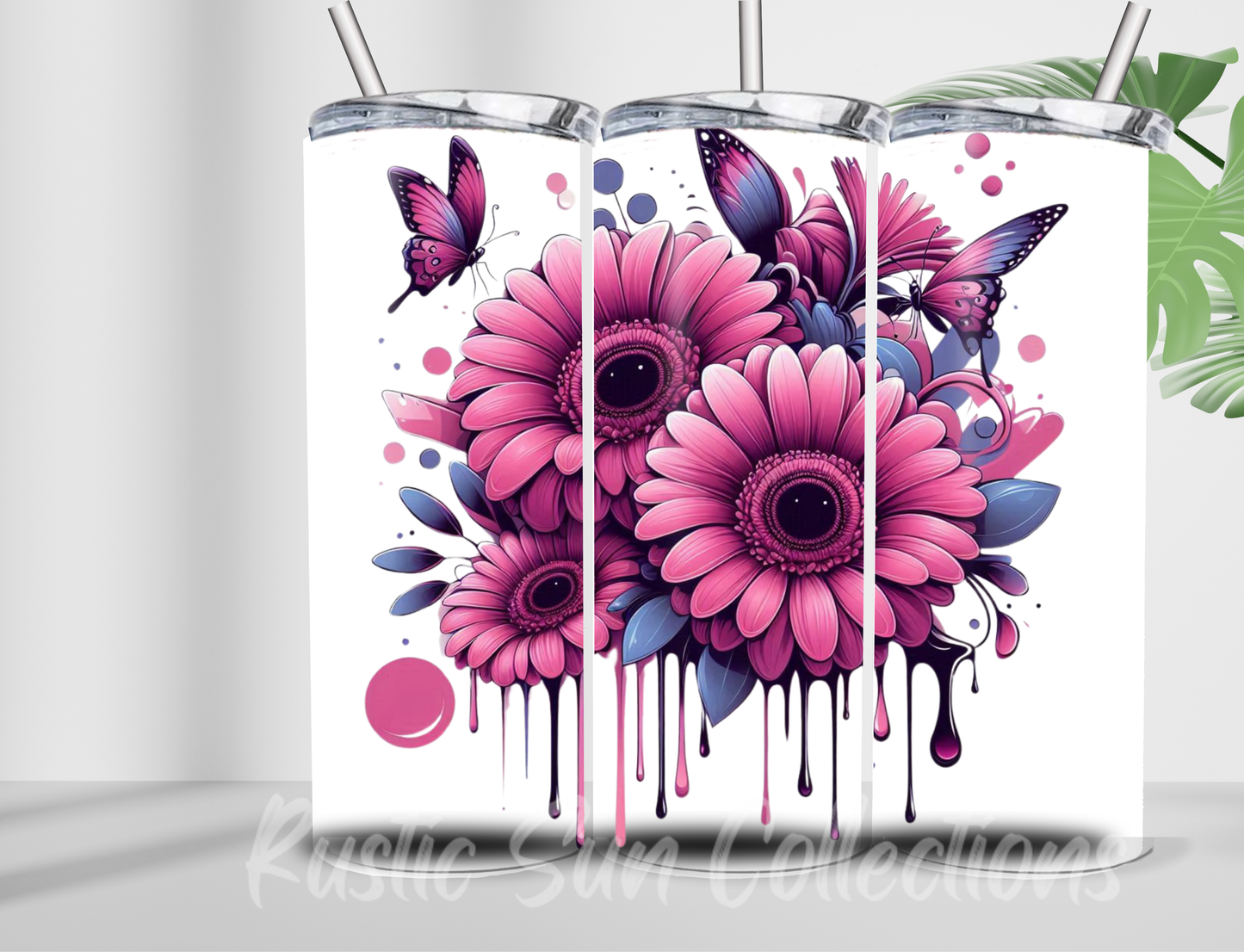 Pink and Purple Flower and butterfly 20oz double wall Tumbler