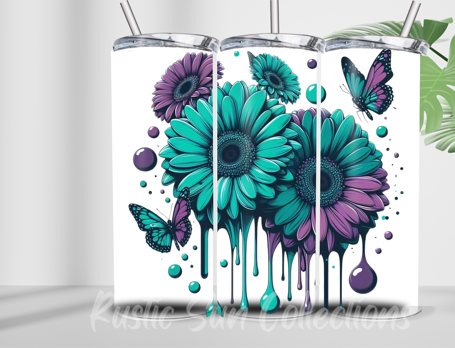 Purple and Teal Flower and butterfly 20oz double wall Tumbler